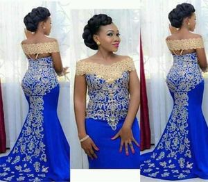 2020 Vestidos africanos de la noche NUEVA Use Arabia Saudita Vestido formal para mujeres Mermaid Royal Blue Gold Lace Appliques Beaded Formal PRO1100562