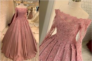 2020 Arabe Aso Ebi Blush Rose Dentelle Robes De Soirée Cristaux Perlés Robes De Bal Manches Longues Partie Formelle Deuxième Réception Robes ZJ056