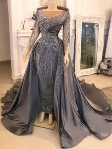 2020 Arabisch Aso Ebi Grijs Luxe SEXY Evening Pearls Garned Prom Dresses Sheath Formal Party Tweede ontvangstjurken ZJ593