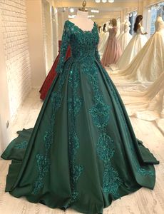 2020 Arabe Aso Ebi Luxueux Hunter Vert Robes De Soirée En Dentelle Perlée Robes De Bal Manches Longues Partie Formelle Deuxième Réception Robes ZJ332