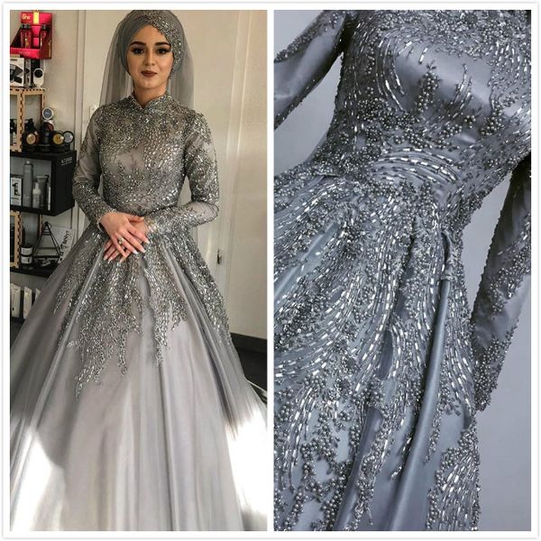 Arabe aso ebi musulman luxueux gris robes de mariée dentelle perlée robes de mariée manches longues robes de mariée zj355
