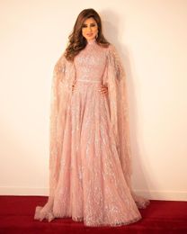 2020 Arabisch Aso Ebi Roze Sparkly Sexy Evening High Neck A-Line Prom Dresses Cheap Formal Party Tweede Receptie Jurken Zj225