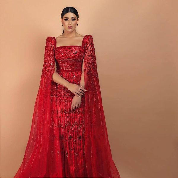 2020 Arabe Aso Ebi Red Luxurious perle Sequins Evenins Sparkly A-Line Robes Sexy Formal Party Deuxième Robes de réception ZJ432