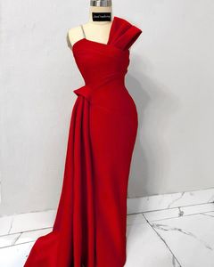 2020 arabe Aso Ebi rouge sexy robes de soirée pas cher Spghetti sirène perlée robes de bal satin formelle partie deuxième réception robes ZJ034