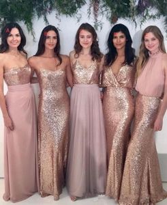 2020 Arabische Bling Pailletten Bruidsmeisjes Jurken Lovertjes Mixstijl voor bruiloften Gastjurk Rose Pink Dusky Pink Chiffon Maid of Honorjurken