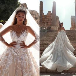 2020 arabe cristal perlé a-ligne 3D dentelle fleurs robes de mariée luxe manches longues arabie saoudite dubaï grande taille robe de mariée