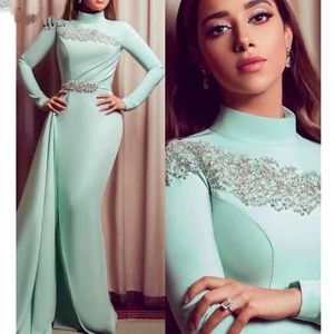 Col haut robes de bal à manches longues en dentelle appliques perlées 2021 arabe vert menthe modeste robes de soirée sirène robe formelle robe de Longo