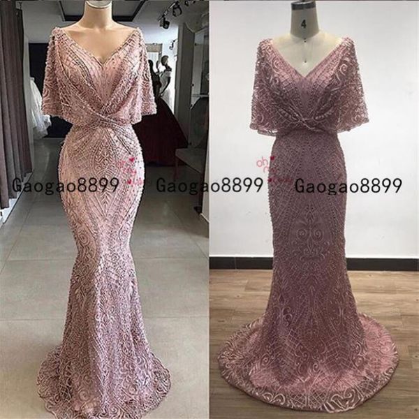 2020 árabe modesto vestido de noite de sereiasexy decote em v vestidos de baile de renda meia manga comprida vestidos de baile formais baratos vestidos de281S