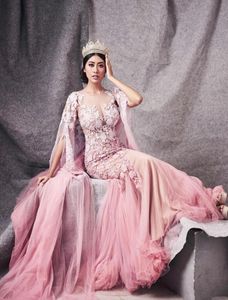 2020 Arabisch roze luxueuze kant kralen avondjurken pure nek zeemeermin prom jurken vintage formele feestjurken gewaad de soiree8294605