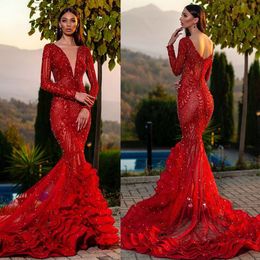 2020 Arabisch Rood Mermaid Prom Jurk Parels Kralen Ruches Lange Mouw Avondjurken Party Wear Vestidos Robe de Soiree Abendkleider