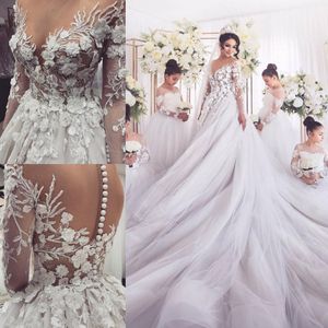 2021 arabe Vintage robes de mariée robes de mariée chapelle Train dentelle 3D Appliques florales Tulle jardin vestido de novia