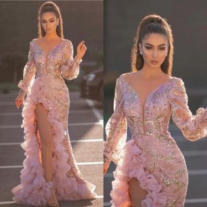 2020 Aso Ebi Mermaid Prom Dresses lange mouwen zijde Split Ruffles Roze Lace Parns avondjurken V Neck Vestido de novia 180L