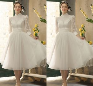 2020 Audrey Hepburn col haut à manches longues dame en mousseline de soie robe de mariée robe de mariée thé longueur robes de soirée