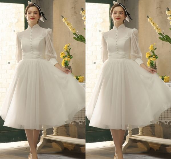 2024 Robe de mariée Audrey Hepburn High Neck Long Manche Long Mariffon Bridal Bridal Thé Longueur de fête Vestidos de Novia