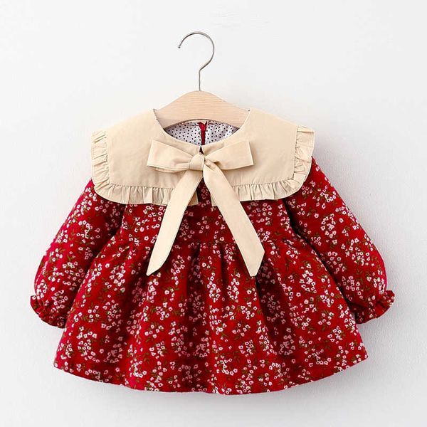 2020 otoño 0-4y niños niños niñas vestidos vintage volante collar arco pequeño floral impresión largo manga larga vestido de línea ropa casual q0716