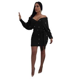 2020 automne chauve-souris manches longues épaules dénudées col en v perles ceintures tricoté Mini Sexy robe mi-longue grande taille 6 couleurs dame robes