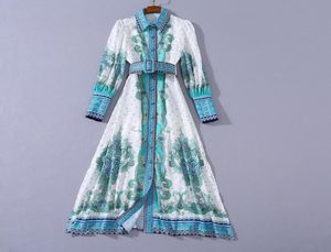 2020 Herfst herfst nieuwste luxe jurk met lange mouwen blauwe revershals paisley print riem met pandelen met één borsten