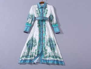 2020 Herfst herfst nieuwste luxe jurk met lange mouwen blauwe revershals paisley print riem met randen met een enkel borsten met een borte