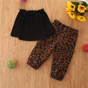 Otoño moda niños bebé niña ropa conjunto negro manga larga fuera del hombro camiseta tops + leopardo bolsillo pantalones de carga traje 1-6y