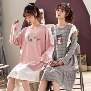 2020 Autumn Korean Cotton Long Sleeve Nightgowns for Women Cute Cartoon Sleepwear Femme Night Dress Home Dress Nightdress Nighty
