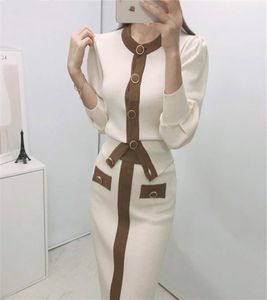 2020 automne coréen tricoted coloré en deux pièces ensembles femmes à manches longues cardigan élastique taille de jupe longs de jupe à bords 6308292