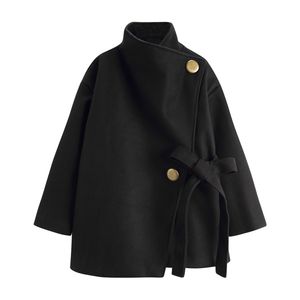 Herfst Nieuwe dames zwarte kleur opstaande kraag verdikking vetersluiting met trekkoord halflange wollen jas casacos