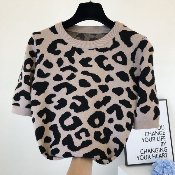 Otoño nuevas mujeres o-cuello leopardo estampado manga corta punto moda suéter tops jumper camisa