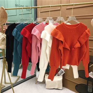 Herfst nieuwe vrouwen o-hals ruches patchwork effen coloritted fashion sweater tops pullover jumpers