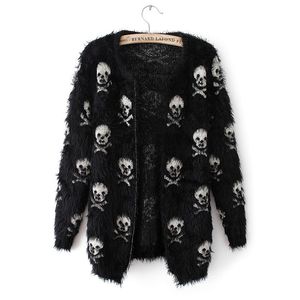 Herfst nieuwe dames o-hals schedel print patroon mohair wollen gebreide trui vest jas halflange gebreide jas