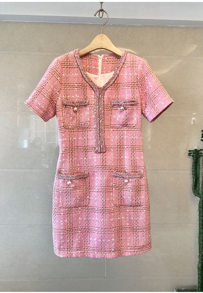 Vestido corto acampanado de lana a cuadros de tweed de manga corta con cuello en V para mujer de otoño de talla grande SML