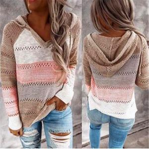 2020 Herfst V-hals Patchwork Hooded Sweater Dames Casual Lange Mouw Gebreide Trui Top Winter Gestreepte Elegante Pullover Jumpers