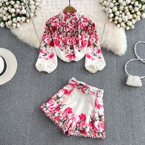 Fashion Spring Runway Tweed Piece Dress Sets for Women Turn Collar Floral Print Blouse and Shorts Suit Office Lady Outfits 2023