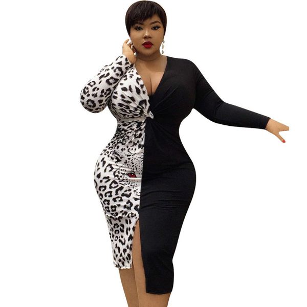 2020 otoño mujer Patchwork estampado de leopardo ceñido al cuerpo largo Maxi vestido de manga larga Sexy Club vestidos de fiesta mujer Sexy Maxi vestido de talla grande