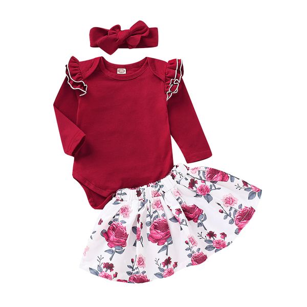 2021 Baby Floral Ropa Set Chicas volantes de manga larga Red Momper + Falda de la flor con la cabeza de lazo 3 unids / Set Trajes Boutique Kids Ropa M1063