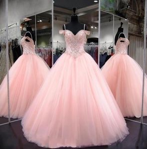 2020 Baby roze baljurk Quinceanera jurken Off schouderkant kanten kralen corset terug plus size zoete 16 verdieping lengte avond PR1021615