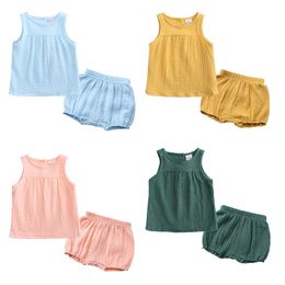 2020 Baby Solid Clothing Sets Summer Clothes Kids Mouwloze Vest T-shirt Top + PP Broek 2 stks / set Kinderen Linnen Katoen Casual Outfits M1875