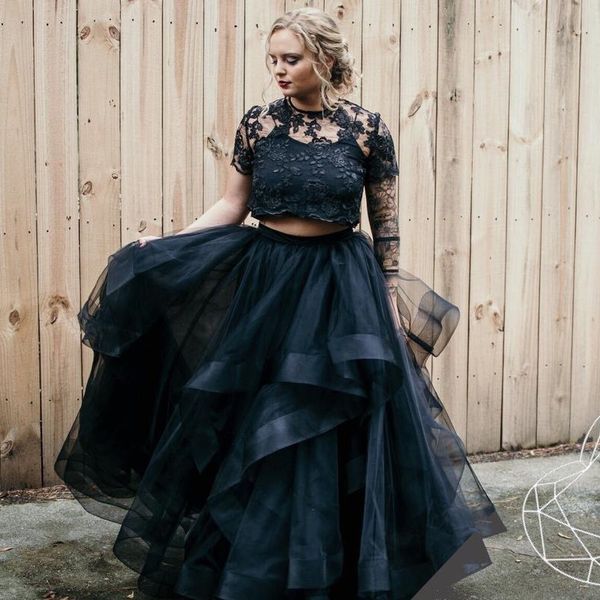 2020 Balck vestido de novia gótico 2 dos piezas Top de encaje falda con volantes mangas cortas no blanco Vintage fantasía vestidos de novia personalizados