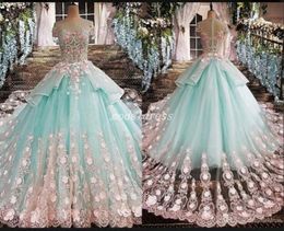 2020 robe de bal robe de soirée col transparent dentelle 3D Appliques perlée balayage Train gonflé grande taille personnalisé robes de soirée 2463952