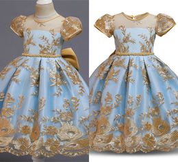 2020 Baljurk bloem meisje jurken juweel geappliceerd borduurwerk verjaardag jurk korte mouw ruche meisje pageant jurk