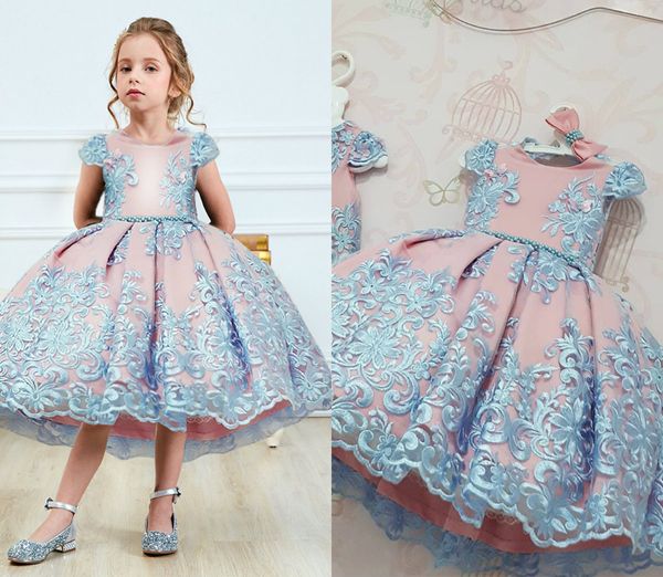 2020 robe de bal fleur filles robes bijou cou à manches courtes bouffantes Appliques fille Pageant anniversaire enfants robe pour mariage