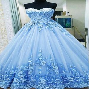 2020 baljurk prom jurken Sweetheart Appliques tule Backless bandage lichtblauwe avondjurken Quinceanera jurken zoet 16 jurken 211o