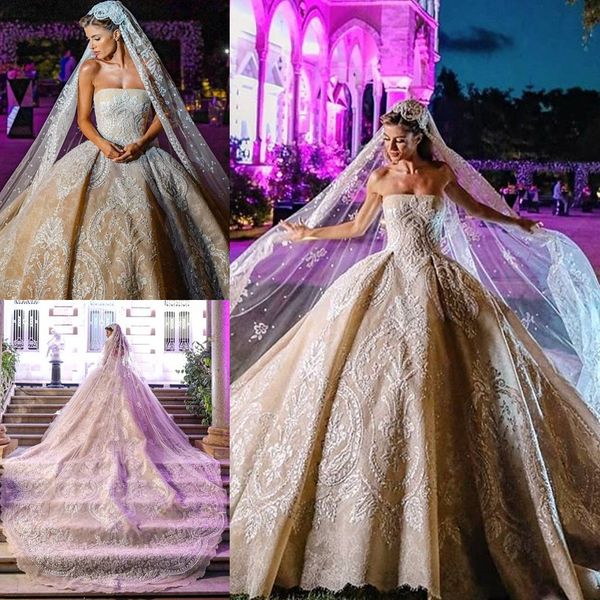 2020 robe De bal robes De mariée appliques strass paillettes sans bretelles robes De mariée cathédrale Tarin Vestidos De Novia
