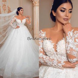 2020 robe de bal robes de mariée Sheer cou dentelle manches longues église Garden Robes de mariée Taille Plus Tulle Appliques vestidos de novia elegante