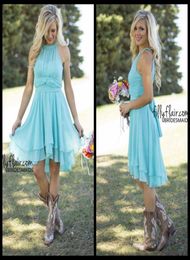 2020 Beach Country Style Turquoise High Low Bruidsmeisje Jurken Crew Neck Ruffled Chiffon Mini Dress Beach Wedding Party Dresses2080972