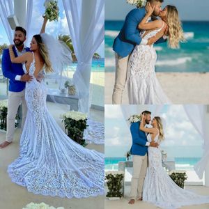 2020 vestidos de novia de playa espalda baja encaje barrido tren Boho vestidos de boda vestido de novia tirantes finos batas de mari￩e