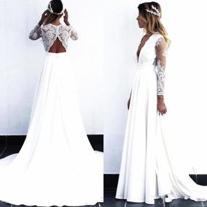 2020 Strand Trouwjurken Sexy Hollow Back Kant Lange Mouwen Illusie Diepe V-hals Custom Made Wedding Bridal Jurk Vestido de Novia