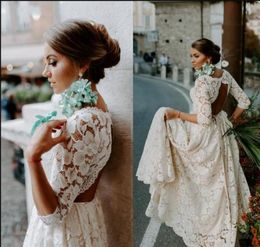 2020 Belle dentelle dos ouvert robes de mariée Boho avec manches 3/4 dos nu pays bohème, plus la taille robes de mariée vestidos de novia