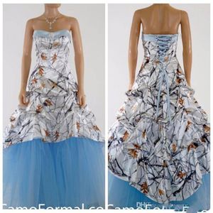2020 Mooie witte camo -prom jurk satijnen licht hemelblauw speciale feestjurken gedrapeerd veter omhoog plus size real tree sneeuwval7800751