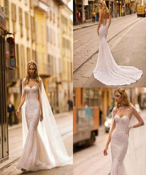 2020 Berta sirène robes de mariée avec Wrap balayage train paillettes perlées grande taille plage robes de mariée pays style robes de novi8753567
