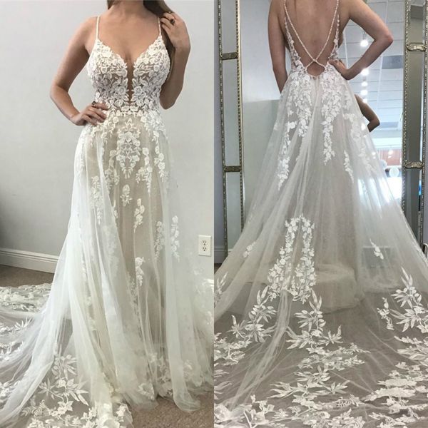 Berta robes de mariée sexy bretelles spaghetti dentelle appliques robes de mariée dos nu une ligne robe de mariée pas cher